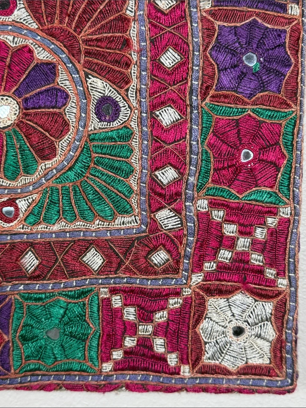 Vintage Tapestry Embroidered Mirrors Jewel Tones Crewel Square Wall Hanging